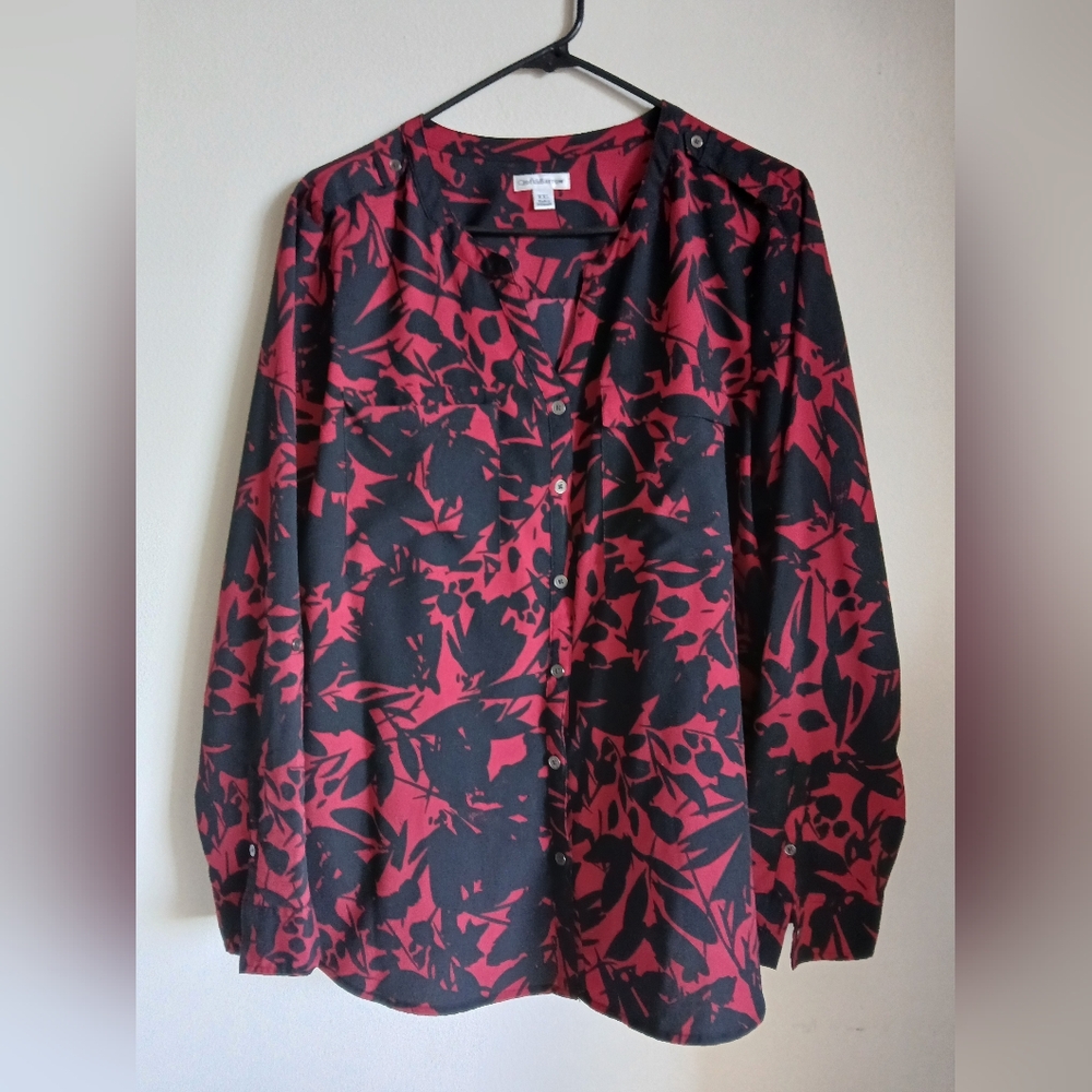 Croft & Barrow Floral Blouse XXL Black Burgundy V-Neck Top